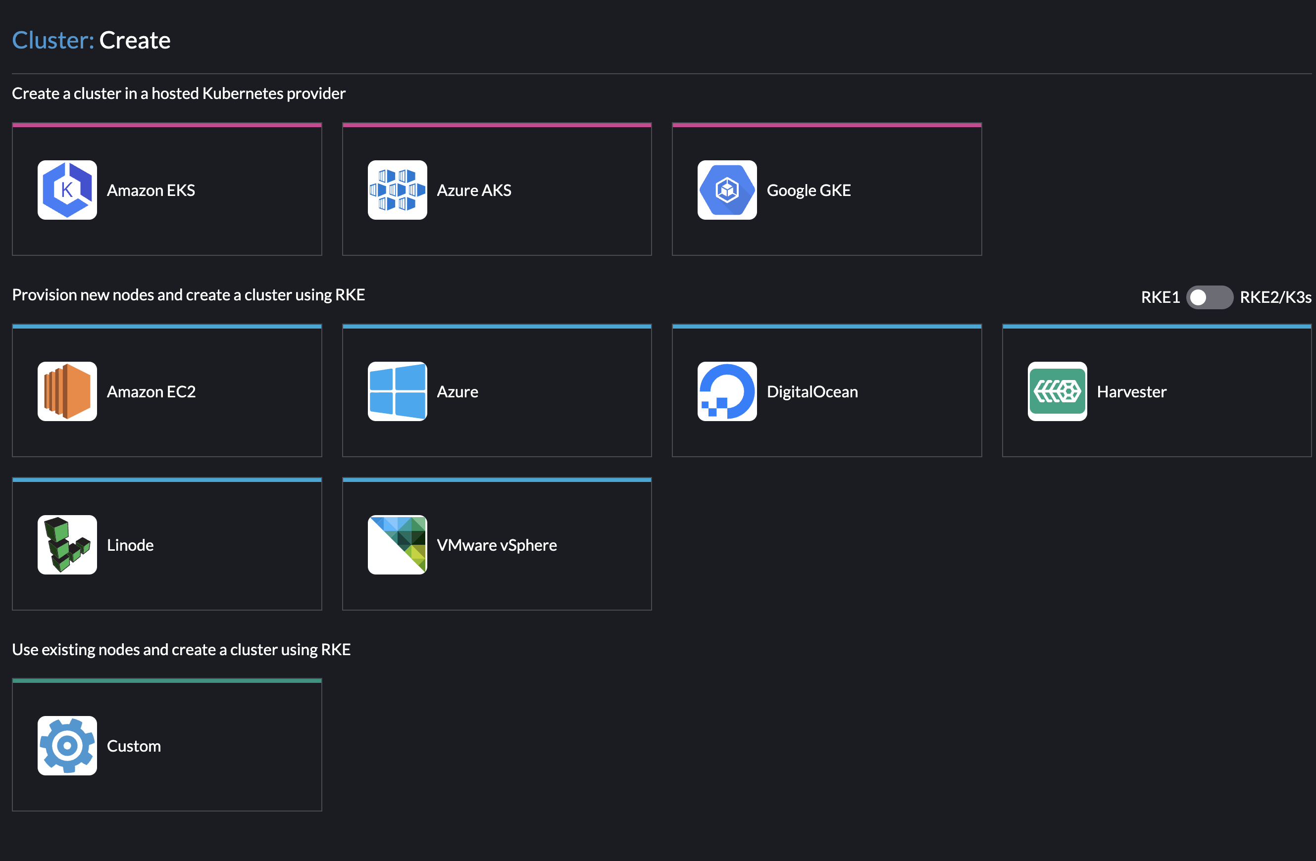 Rancher Create Cluster Screen